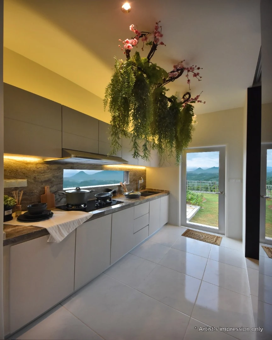 Kitchen with mountain view - artist impression